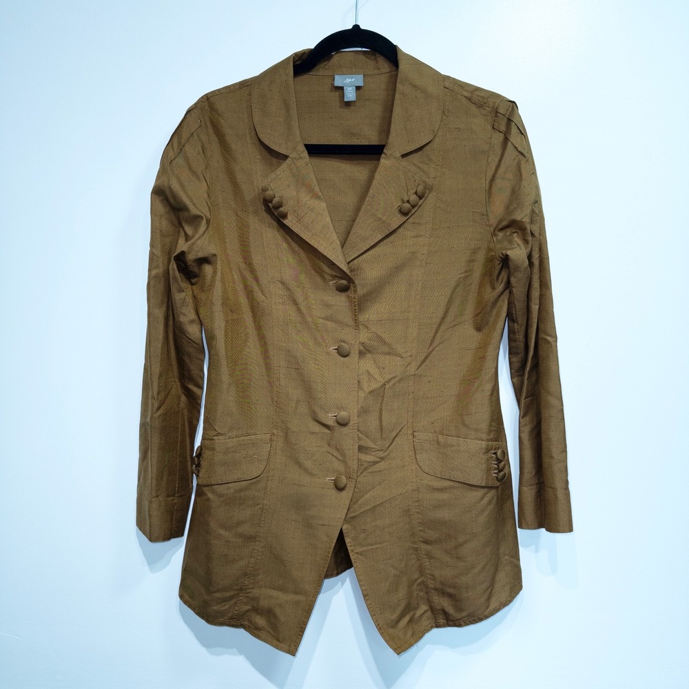 J. Jill Brown 100% Silk Button Front Fitted Lightweight Jacket Size Small Petite